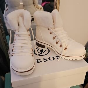 Versona White Lace Up Boots with Gold Eyelets